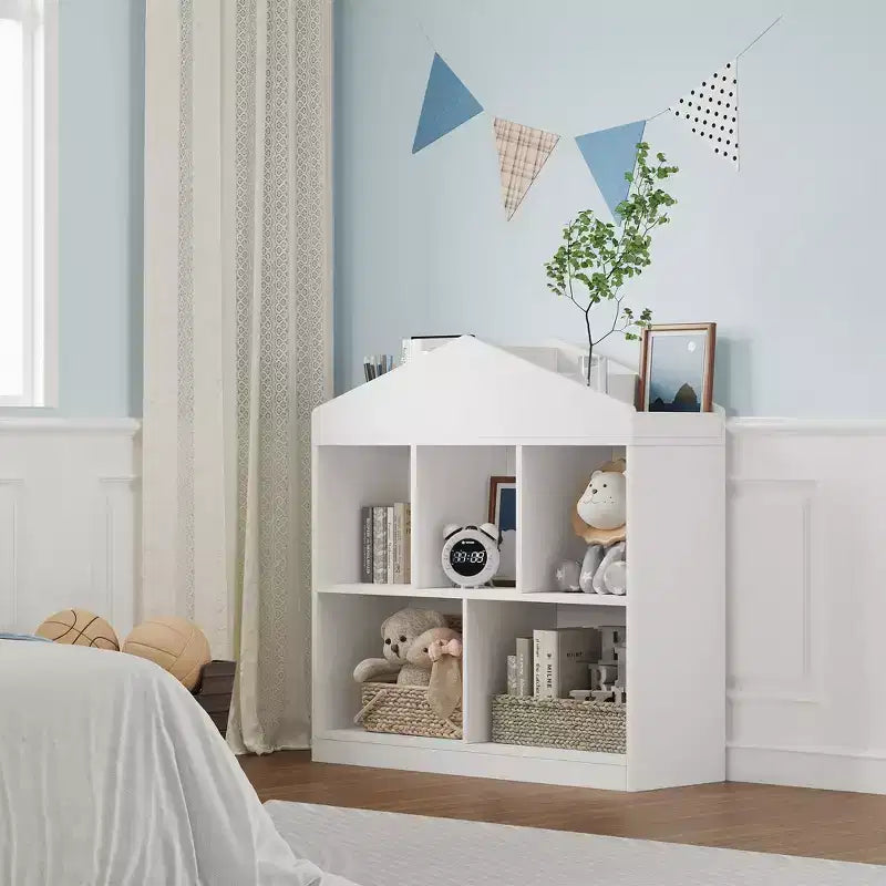 Kids Bookshelf White Toy Storage Organizer 5-Cubby Bookcase Toddlers Playhouse Cabinet Shelf Wooden Cubby Storage