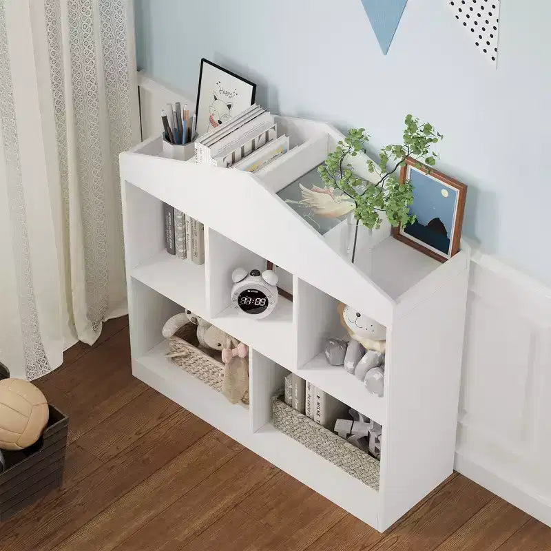 Kids Bookshelf White Toy Storage Organizer 5-Cubby Bookcase Toddlers Playhouse Cabinet Shelf Wooden Cubby Storage