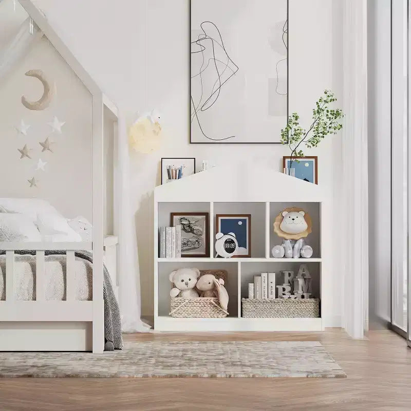 Kids Bookshelf White Toy Storage Organizer 5-Cubby Bookcase Toddlers Playhouse Cabinet Shelf Wooden Cubby Storage