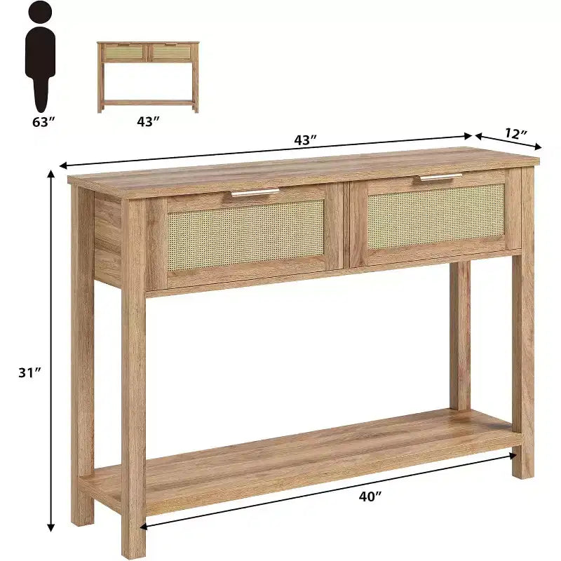 Rattan Entryway Table with Drawers, Boho Console Table for Entryway, Wooden Sofa Table with Storage, 2 Tier Console Table for Living Rooms, Hallway
