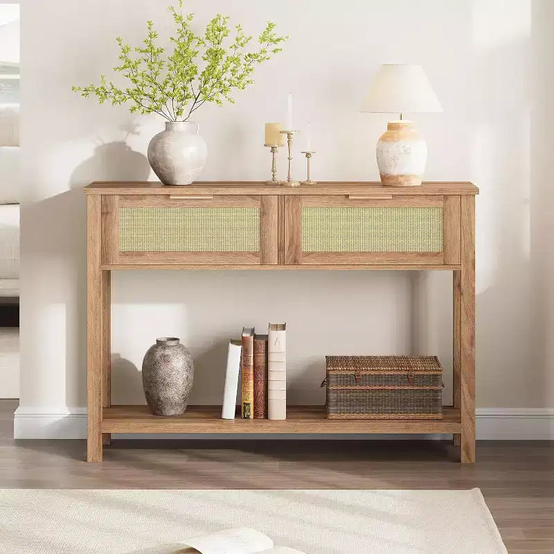 Rattan Entryway Table with Drawers, Boho Console Table for Entryway, Wooden Sofa Table with Storage, 2 Tier Console Table for Living Rooms, Hallway