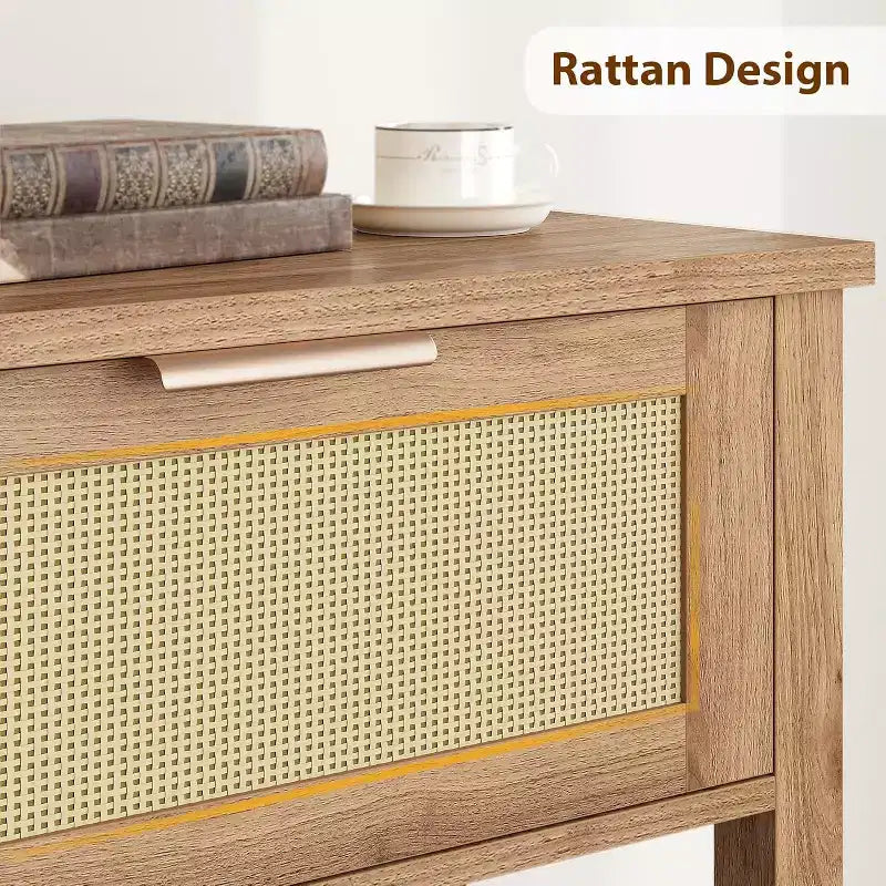 Rattan Entryway Table with Drawers, Boho Console Table for Entryway, Wooden Sofa Table with Storage, 2 Tier Console Table for Living Rooms, Hallway