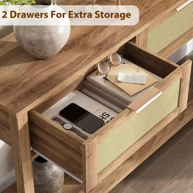 Rattan Entryway Table with Drawers, Boho Console Table for Entryway, Wooden Sofa Table with Storage, 2 Tier Console Table for Living Rooms, Hallway