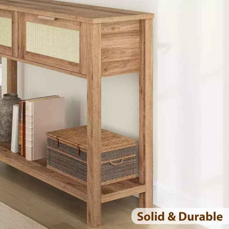 Rattan Entryway Table with Drawers, Boho Console Table for Entryway, Wooden Sofa Table with Storage, 2 Tier Console Table for Living Rooms, Hallway