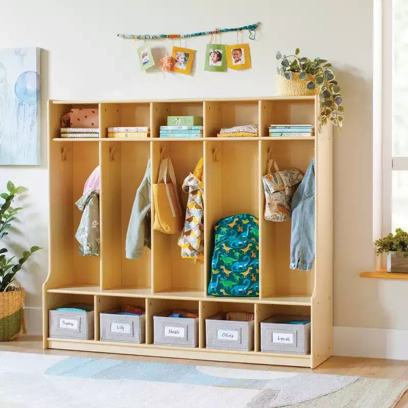 Guidecraft EdQ 5-Section Wooden Storage Locker with Bench Seat for Classroom, Kids Cubby Organizer with Shelves and Hooks for Coats