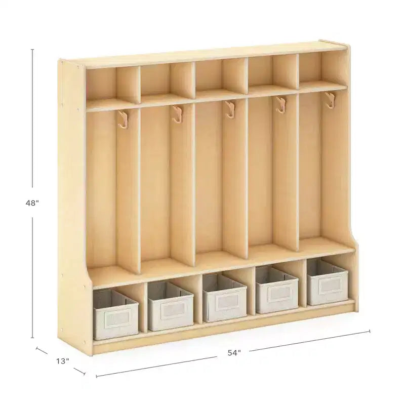 Guidecraft EdQ 5-Section Wooden Storage Locker with Bench Seat for Classroom, Kids Cubby Organizer with Shelves and Hooks for Coats