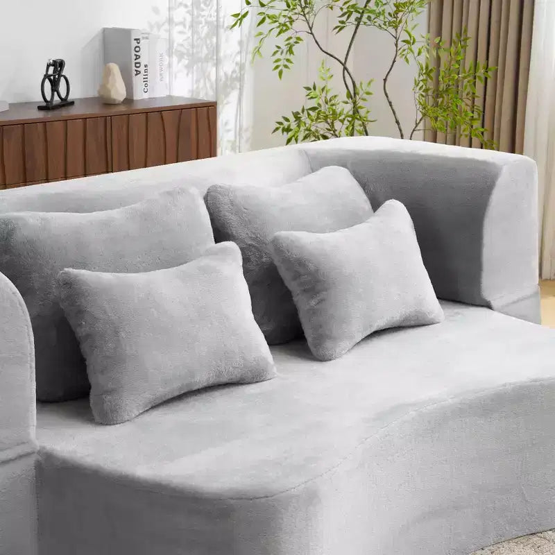 Modern Floor Sofa with 4 Pillows, Plush Fabric Futon Sofa Couch, High-Density Foam Folding Mattress for Living Room