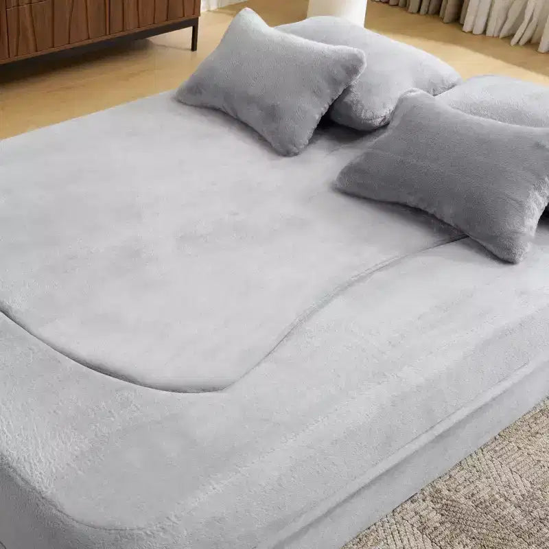 Modern Floor Sofa with 4 Pillows, Plush Fabric Futon Sofa Couch, High-Density Foam Folding Mattress for Living Room