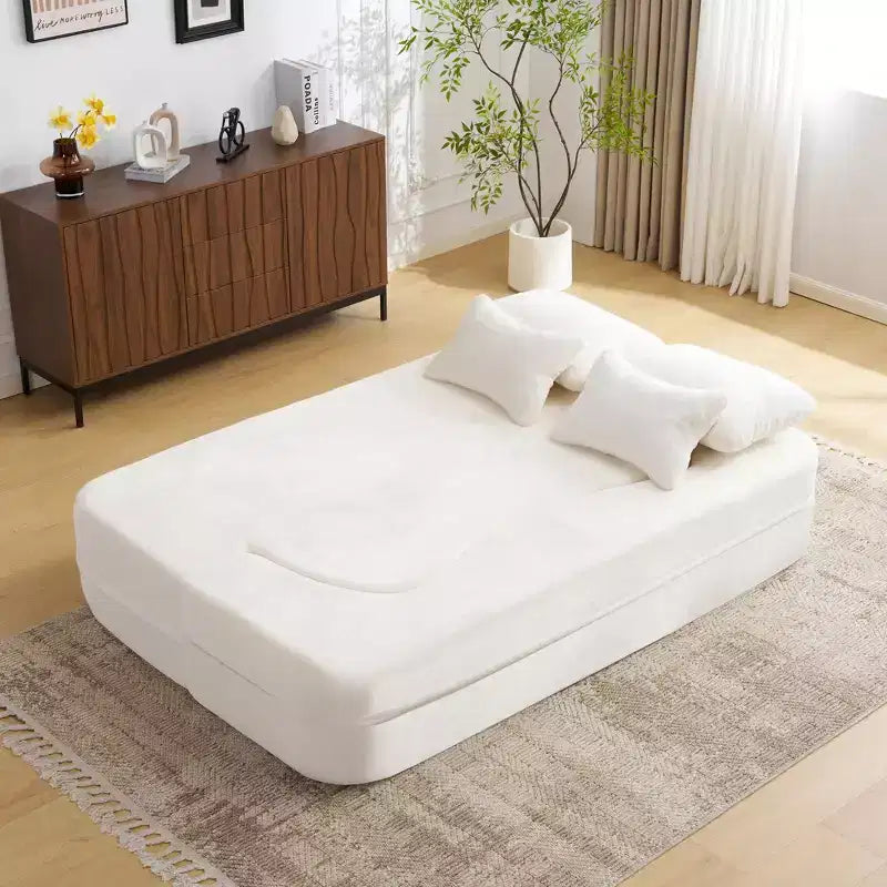 Modern Floor Sofa with 4 Pillows, Plush Fabric Futon Sofa Couch, High-Density Foam Folding Mattress for Living Room