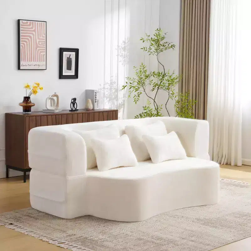 Modern Floor Sofa with 4 Pillows, Plush Fabric Futon Sofa Couch, High-Density Foam Folding Mattress for Living Room