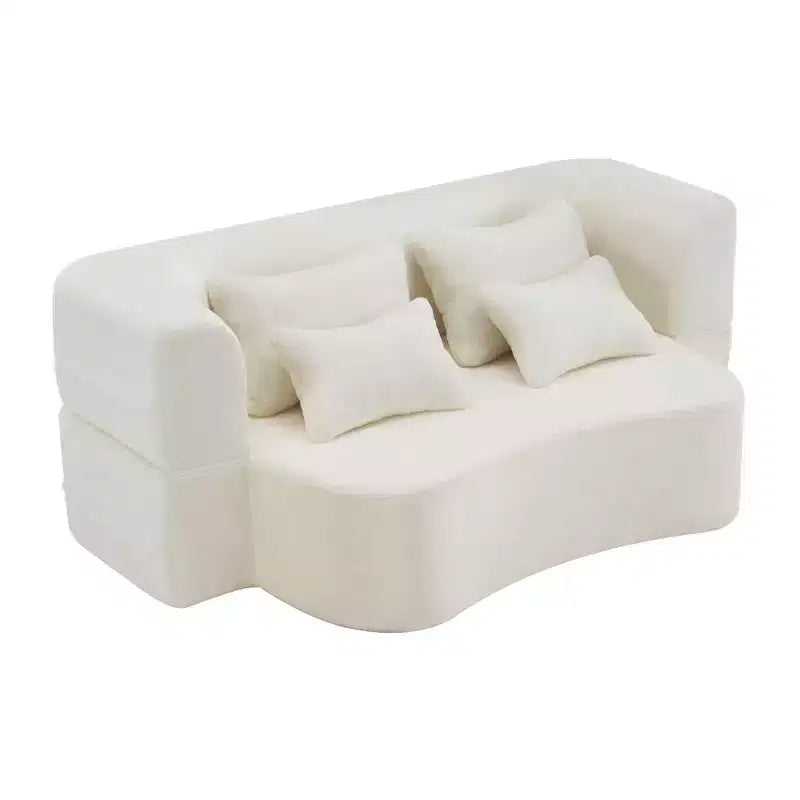 Modern Floor Sofa with 4 Pillows, Plush Fabric Futon Sofa Couch, High-Density Foam Folding Mattress for Living Room