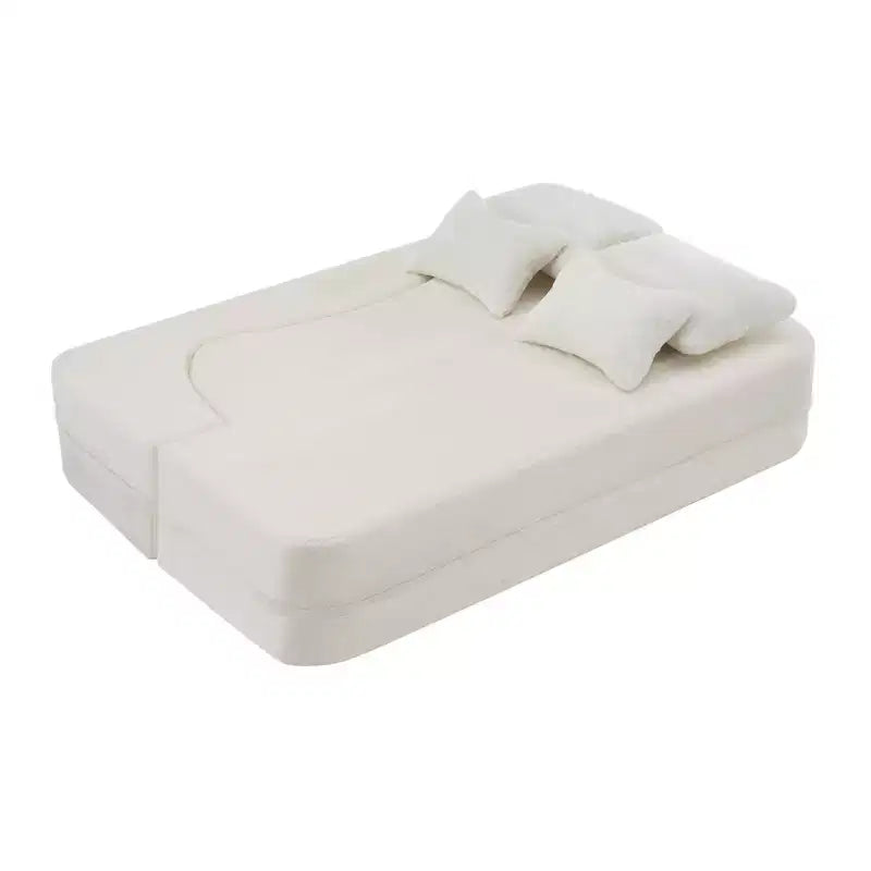 Modern Floor Sofa with 4 Pillows, Plush Fabric Futon Sofa Couch, High-Density Foam Folding Mattress for Living Room