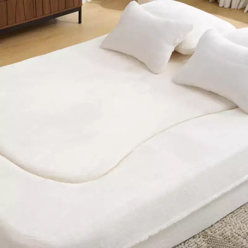 Modern Floor Sofa with 4 Pillows, Plush Fabric Futon Sofa Couch, High-Density Foam Folding Mattress for Living Room