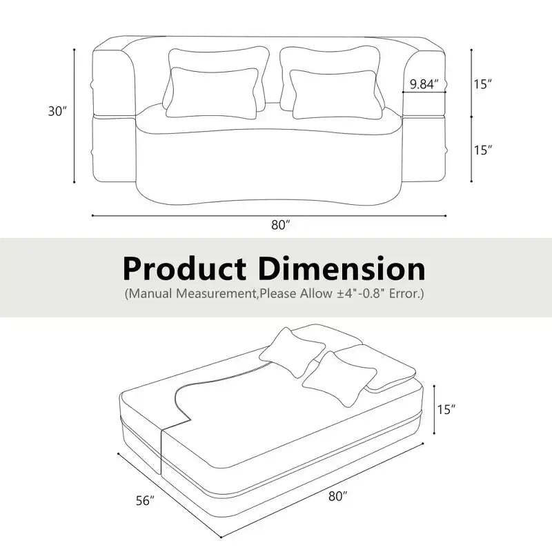 Modern Floor Sofa with 4 Pillows, Plush Fabric Futon Sofa Couch, High-Density Foam Folding Mattress for Living Room