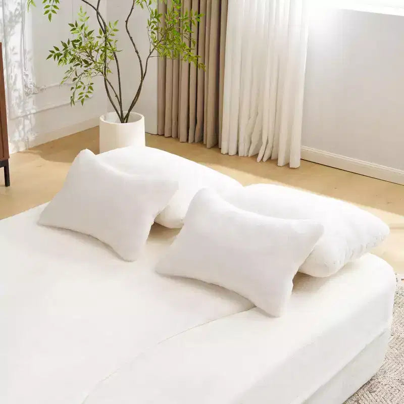 Modern Floor Sofa with 4 Pillows, Plush Fabric Futon Sofa Couch, High-Density Foam Folding Mattress for Living Room