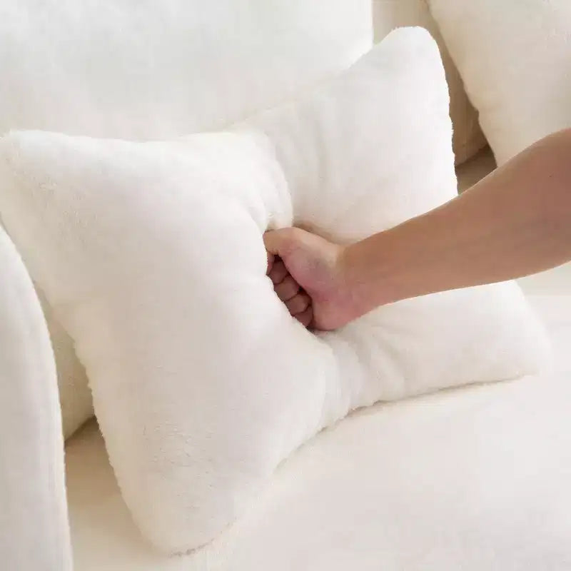 Modern Floor Sofa with 4 Pillows, Plush Fabric Futon Sofa Couch, High-Density Foam Folding Mattress for Living Room