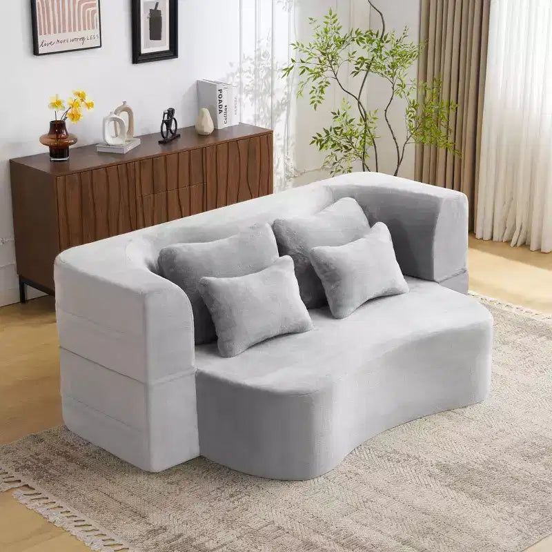 Modern Floor Sofa with 4 Pillows, Plush Fabric Futon Sofa Couch, High-Density Foam Folding Mattress for Living Room