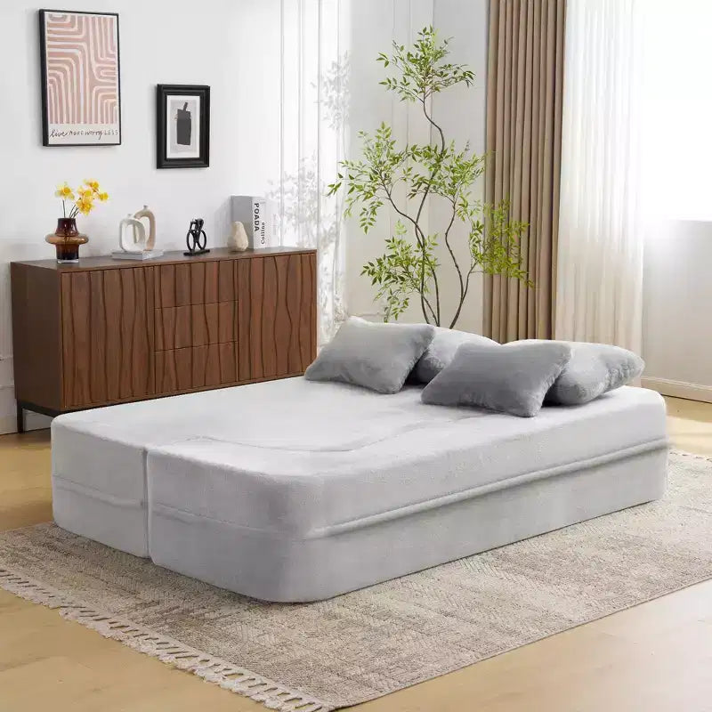 Modern Floor Sofa with 4 Pillows, Plush Fabric Futon Sofa Couch, High-Density Foam Folding Mattress for Living Room