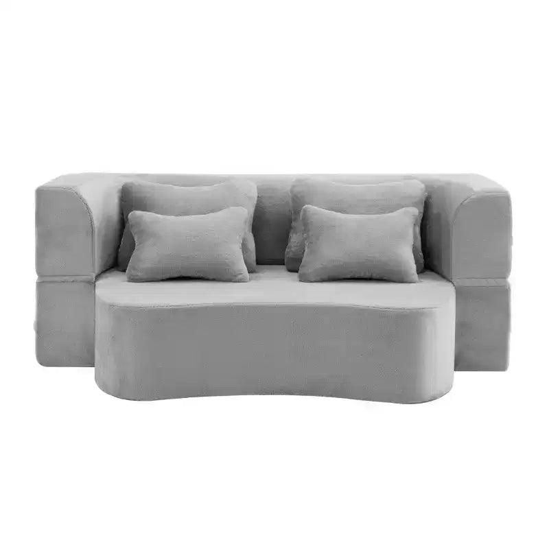Modern Floor Sofa with 4 Pillows, Plush Fabric Futon Sofa Couch, High-Density Foam Folding Mattress for Living Room