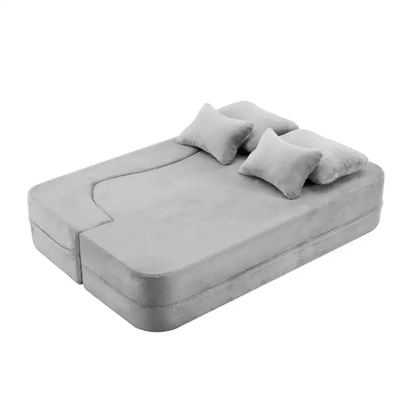 Modern Floor Sofa with 4 Pillows, Plush Fabric Futon Sofa Couch, High-Density Foam Folding Mattress for Living Room