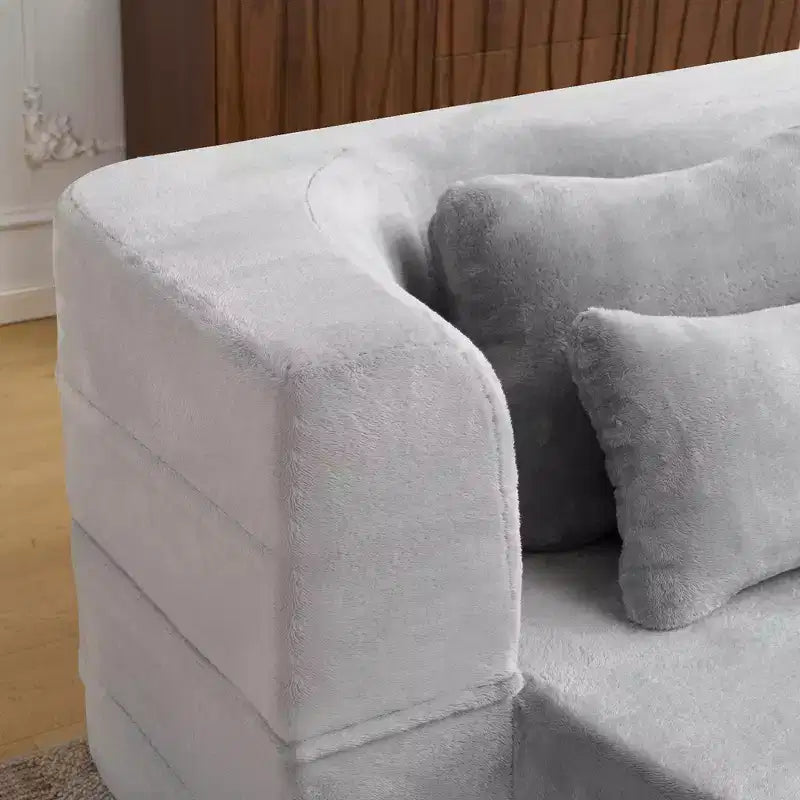 Modern Floor Sofa with 4 Pillows, Plush Fabric Futon Sofa Couch, High-Density Foam Folding Mattress for Living Room
