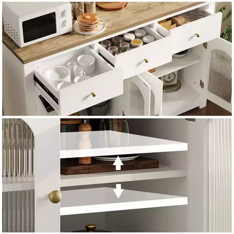 55'' Farmhouse Buffet Cabinet with Storage Large Wood Narrow Kitchen Buffet Storage Cabinet Coffee Bar with 3 Drawers and 4 Doors