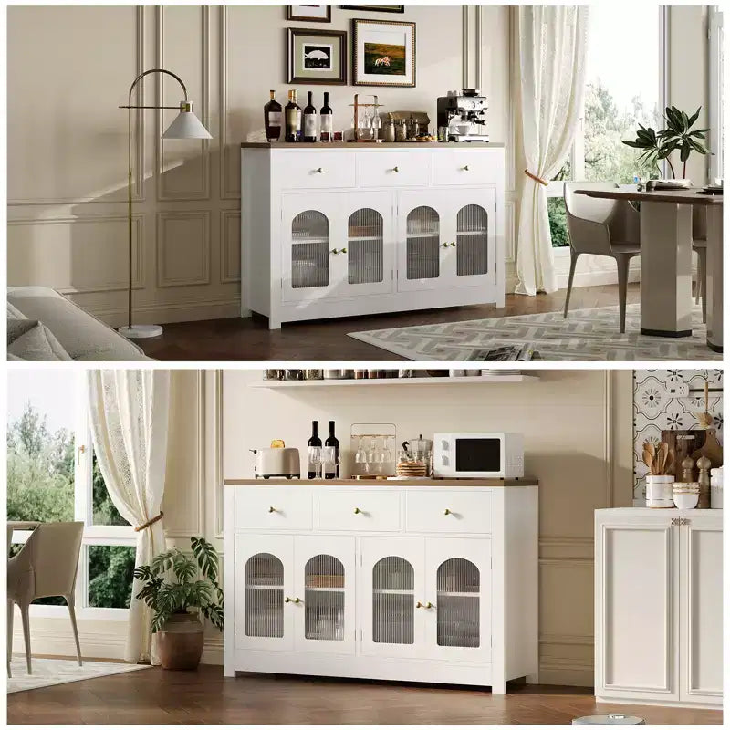 55'' Farmhouse Buffet Cabinet with Storage Large Wood Narrow Kitchen Buffet Storage Cabinet Coffee Bar with 3 Drawers and 4 Doors