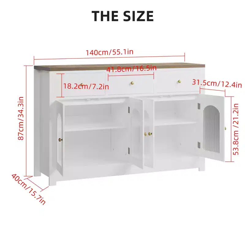 55'' Farmhouse Buffet Cabinet with Storage Large Wood Narrow Kitchen Buffet Storage Cabinet Coffee Bar with 3 Drawers and 4 Doors