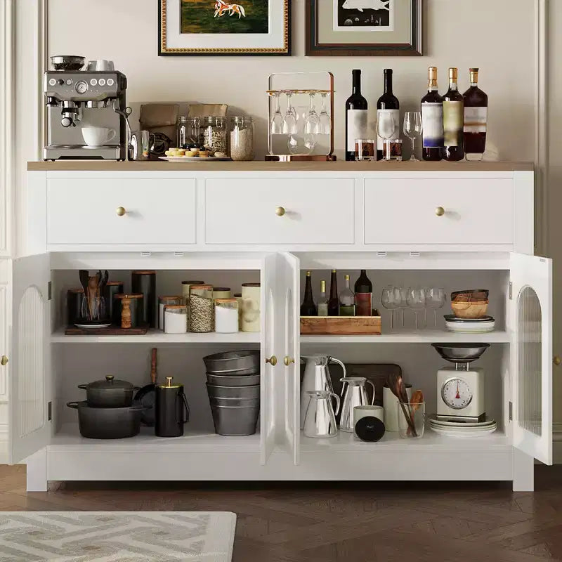 55'' Farmhouse Buffet Cabinet with Storage Large Wood Narrow Kitchen Buffet Storage Cabinet Coffee Bar with 3 Drawers and 4 Doors