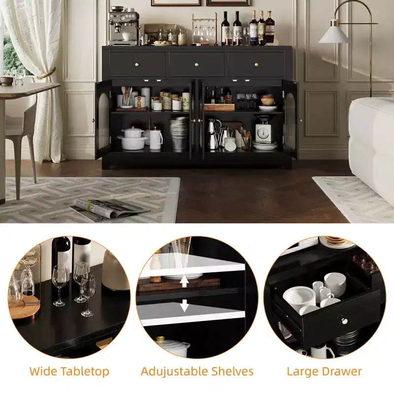 55'' Farmhouse Buffet Cabinet with Storage Large Wood Narrow Kitchen Buffet Storage Cabinet Coffee Bar with 3 Drawers and 4 Doors