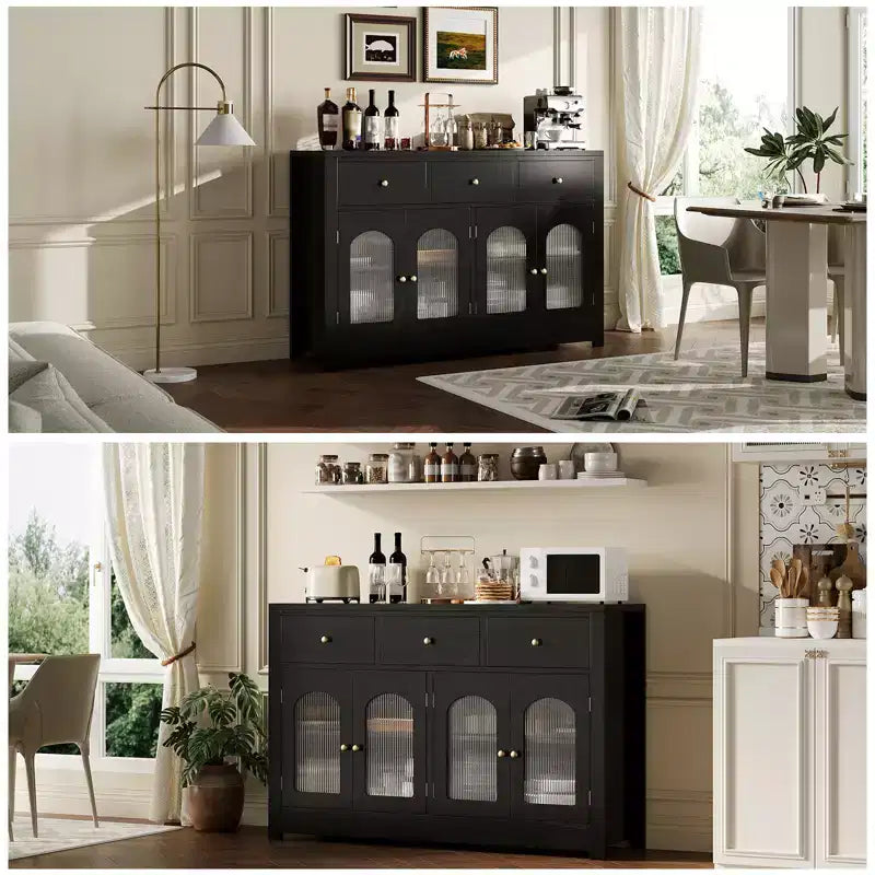 55'' Farmhouse Buffet Cabinet with Storage Large Wood Narrow Kitchen Buffet Storage Cabinet Coffee Bar with 3 Drawers and 4 Doors