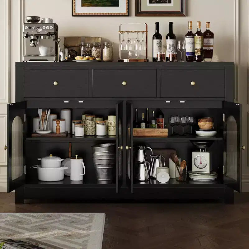 55'' Farmhouse Buffet Cabinet with Storage Large Wood Narrow Kitchen Buffet Storage Cabinet Coffee Bar with 3 Drawers and 4 Doors
