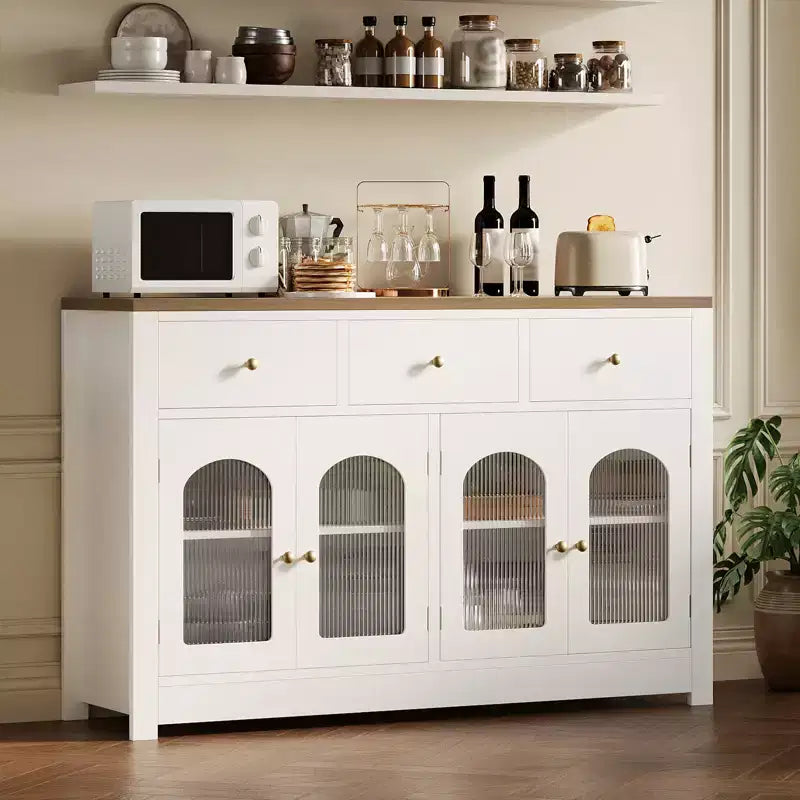 55'' Farmhouse Buffet Cabinet with Storage Large Wood Narrow Kitchen Buffet Storage Cabinet Coffee Bar with 3 Drawers and 4 Doors
