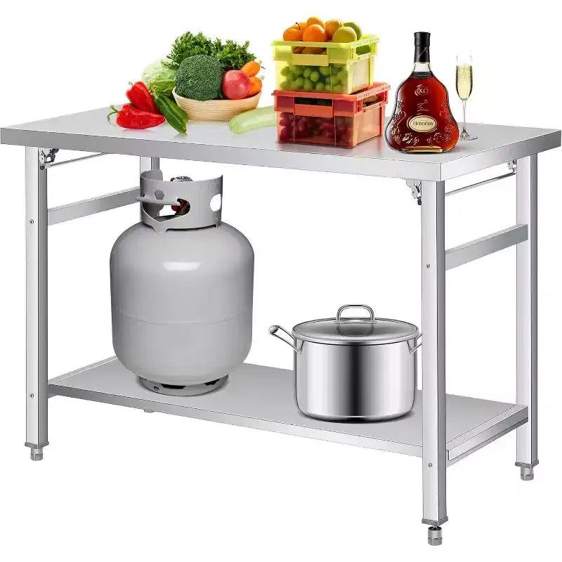 Stainless Steel Folding Table - 920LB Capacity, Adjustable Shelf & Locking Casters, Commercial Worktable for Kitchen/Restaurant
