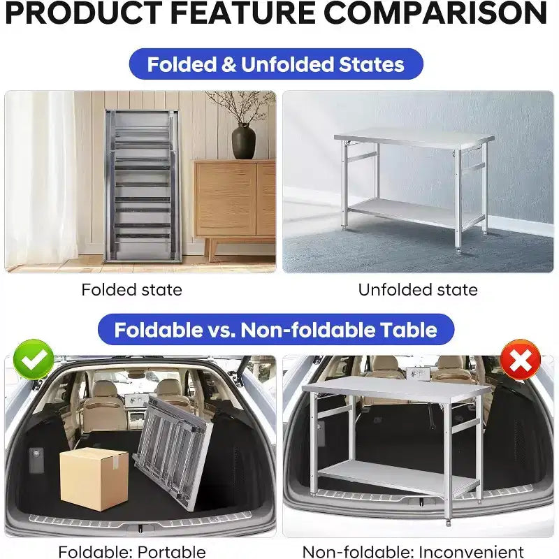Stainless Steel Folding Table - 920LB Capacity, Adjustable Shelf & Locking Casters, Commercial Worktable for Kitchen/Restaurant