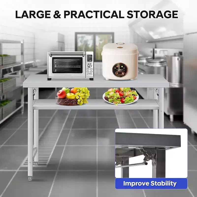 Stainless Steel Folding Table - 920LB Capacity, Adjustable Shelf & Locking Casters, Commercial Worktable for Kitchen/Restaurant