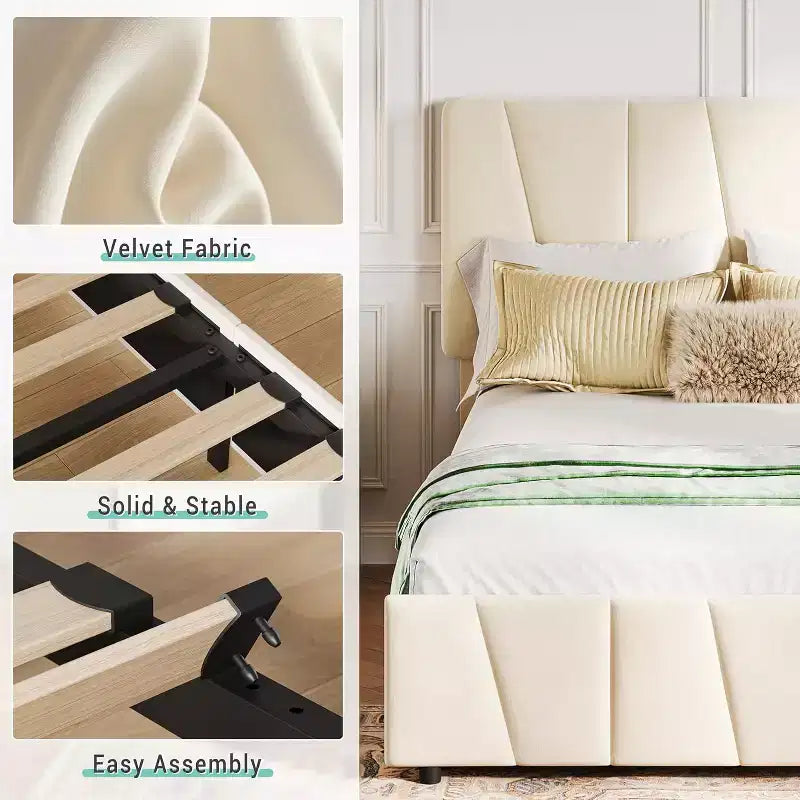 Twin Bed Frame with Adjustable Headboard, 2 Storage Drawers & Wood Slats, Velvet Upholstered, No Box Spring Needed, Beige