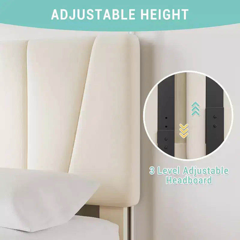 Twin Bed Frame with Adjustable Headboard, 2 Storage Drawers & Wood Slats, Velvet Upholstered, No Box Spring Needed, Beige