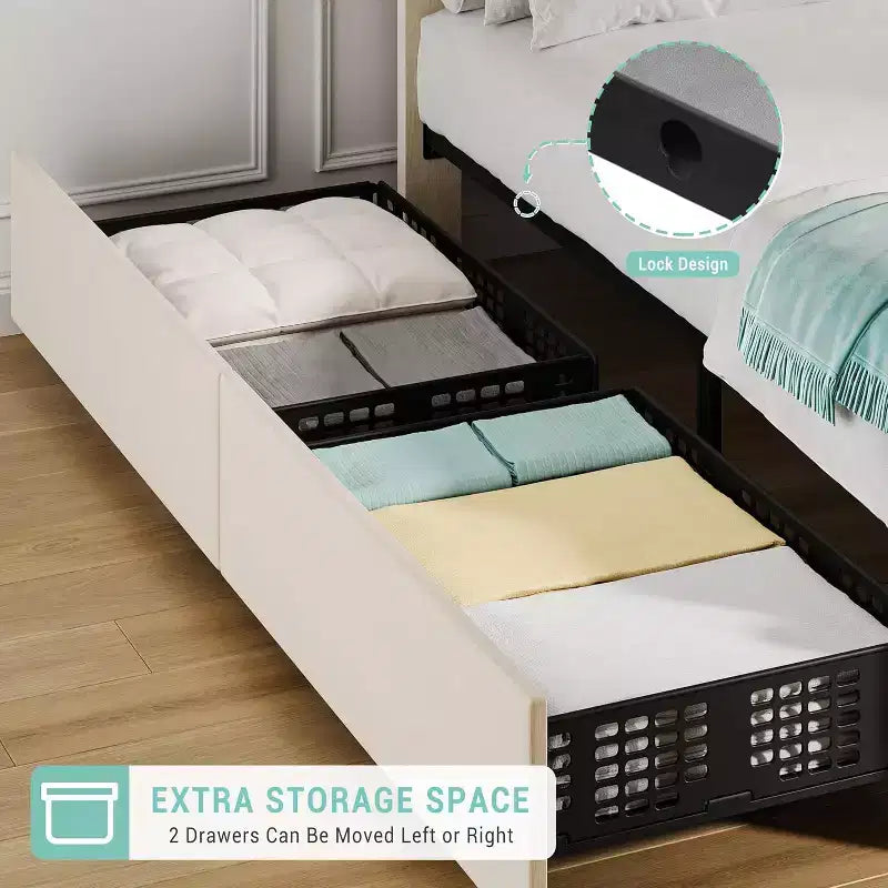Twin Bed Frame with Adjustable Headboard, 2 Storage Drawers & Wood Slats, Velvet Upholstered, No Box Spring Needed, Beige