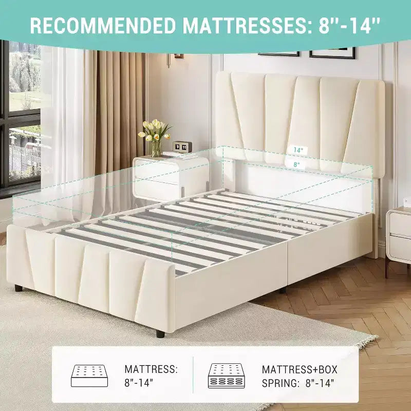 Twin Bed Frame with Adjustable Headboard, 2 Storage Drawers & Wood Slats, Velvet Upholstered, No Box Spring Needed, Beige