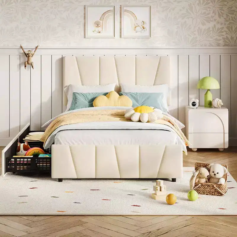 Twin Bed Frame with Adjustable Headboard, 2 Storage Drawers & Wood Slats, Velvet Upholstered, No Box Spring Needed, Beige