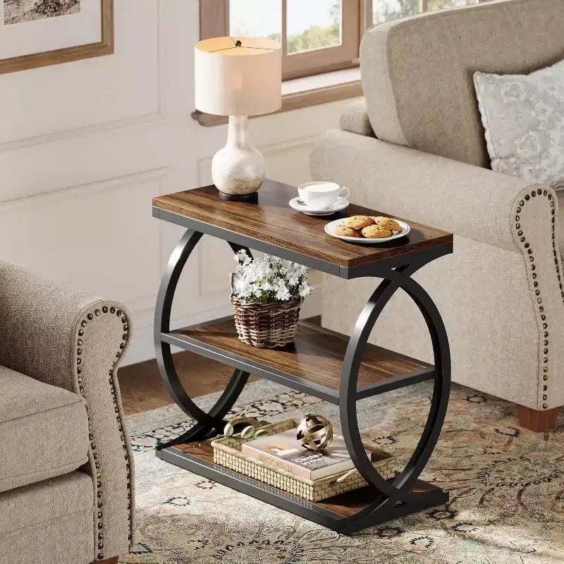Lantine 3-Tier End Table, Industrial Wooden Side Table with Metal Frame for Bedroom, living Room, Rustic Brown