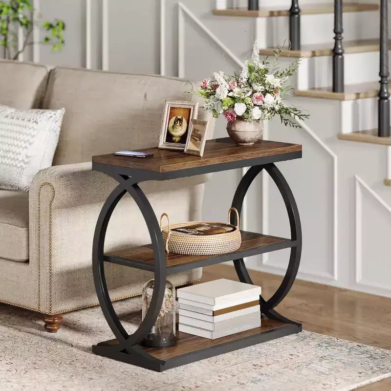 Lantine 3-Tier End Table, Industrial Wooden Side Table with Metal Frame for Bedroom, living Room, Rustic Brown