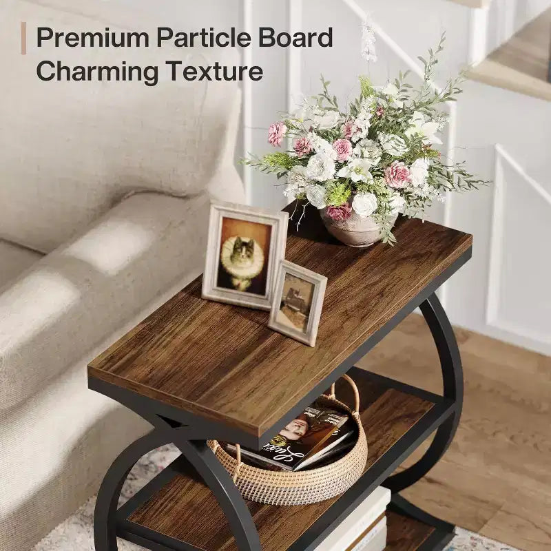 Lantine 3-Tier End Table, Industrial Wooden Side Table with Metal Frame for Bedroom, living Room, Rustic Brown