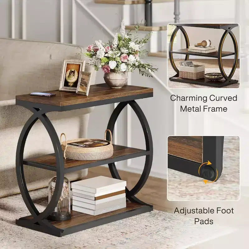 Lantine 3-Tier End Table, Industrial Wooden Side Table with Metal Frame for Bedroom, living Room, Rustic Brown