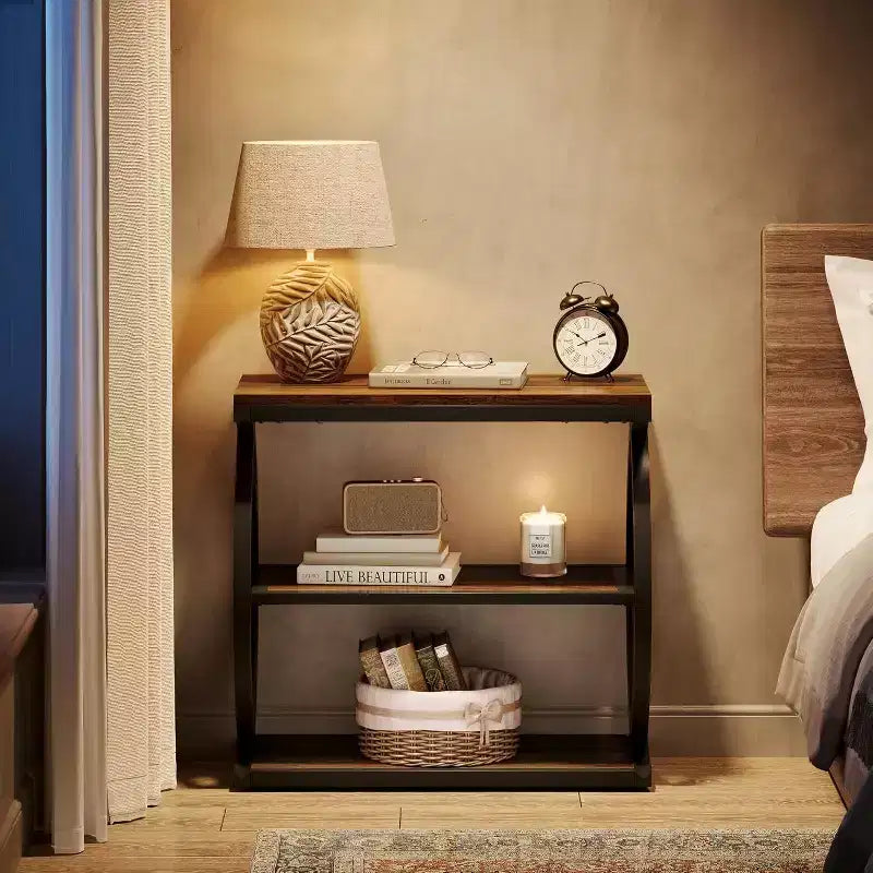 Lantine 3-Tier End Table, Industrial Wooden Side Table with Metal Frame for Bedroom, living Room, Rustic Brown
