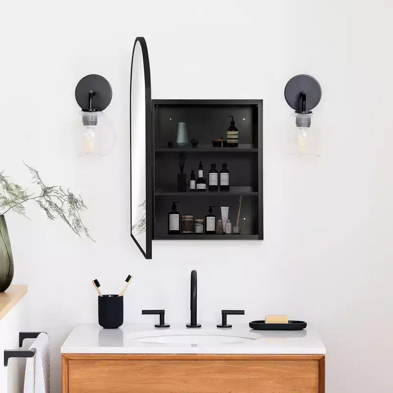 PexFix 36 x 24 Arched Recessed Bathroom Cabinet with Mirror Stainless Steel Frame and 2 Adjustable Shelves Wall Medicine Cabinets Mirrors Black