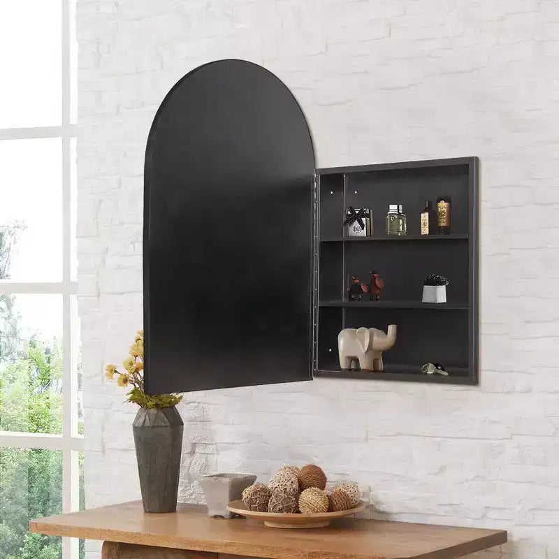 PexFix 36 x 24 Arched Recessed Bathroom Cabinet with Mirror Stainless Steel Frame and 2 Adjustable Shelves Wall Medicine Cabinets Mirrors Black