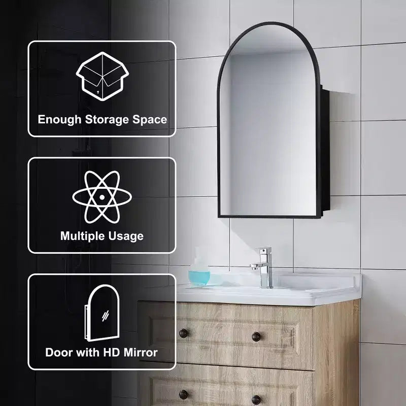 PexFix 36 x 24 Arched Recessed Bathroom Cabinet with Mirror Stainless Steel Frame and 2 Adjustable Shelves Wall Medicine Cabinets Mirrors Black