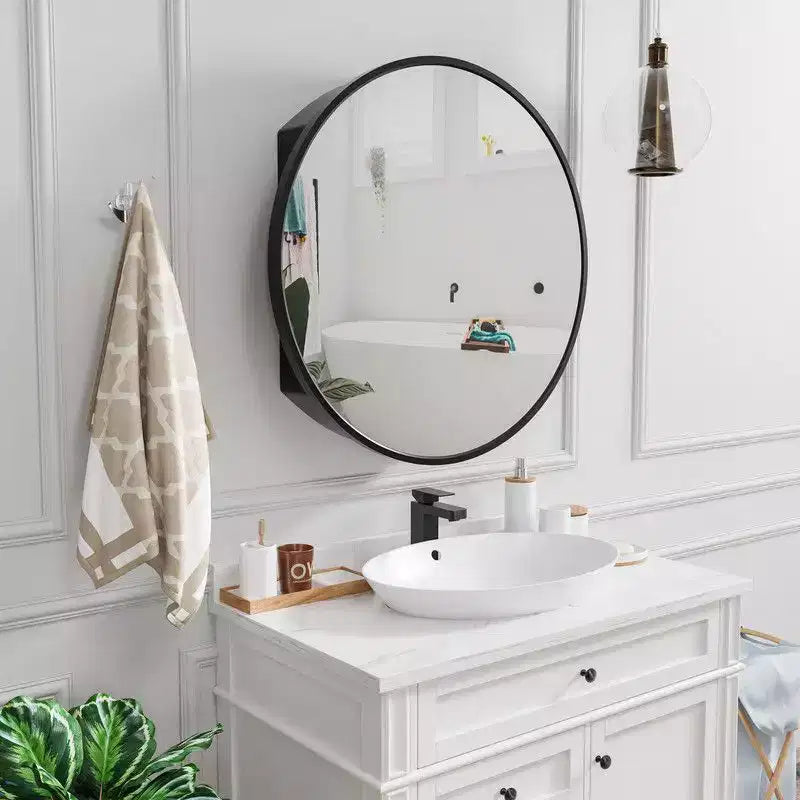 PexFix 24 in Round Black Medicine Cabinet with Mirror Surface Mount Metal Frame Bathroom Cabinet Wall Mounted Vanity Mirror Detachable Shelves